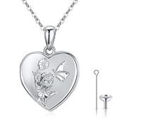 JFASHOP Collier urne funéraire en forme de cœur en argent sterling 925 avec pendentif urne funéraire 3D papillon fleur pour cendres de personnes et d'animaux domestiques