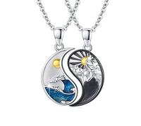 JFASHOP Collier Yin & Yang 925 Sterling Silver Tai Chi Couple Bff Chaîne Montagne Soleil Pendentif Collier Ensemble De 2 Pièces Yin & Yang Chaîne Bijoux Hommes Femmes Couples Cadeaux