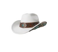 JFNKLFG Chapeau de Cowboy Occidental Vintage avec Ceinture Concho Turquoise, à Large Bord, Beige brodé, Luxe, fête Voyage, Sombrero
