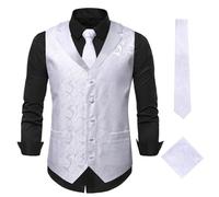 JFNKLFG Gilet de costume for hommes, cravate, motif Paisley, été, cérémonie d'hôte mariage, coupe ample, bouton unique, mélange coton Pour mariage, soirée d'affaires(WHITE,M)