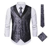 JFNKLFG Gilet de costume for hommes, cravate, motif Paisley, été, cérémonie d'hôte mariage, coupe ample, bouton unique, mélange coton Pour mariage, soirée d'affaires(Dark Grey,L)