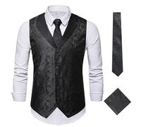 JFNKLFG Gilet de costume for hommes, cravate, motif Paisley, été, cérémonie d'hôte mariage, coupe ample, bouton unique, mélange coton Pour mariage, soirée d'affaires(Black,L)