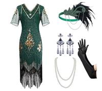 JFNKLFG Retro Stage Costume Sequin Beaded Dr Sexy Tassel Evening par Ball Gown Material Winter Collection(Green-Accessories Set 2,XXXL)