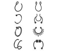 JFORYOU 8 Pièces Acier inoxydable Faux Anneau Bague de Nez Non piercé False Magnétique Septum Lip Tragus Boucle d'oreille Noir Bijoux de Piercing