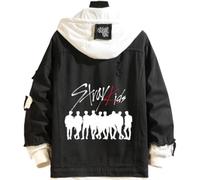 JFSKFOU StrayKids Veste en jean ample avec lettres patchwork pour homme Sweat à capuche automne hiver vêtements d'extérieur unisexe pour couple (C, 3XL), C, 3XL