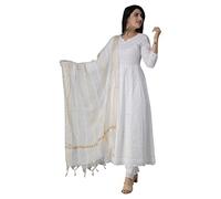 JG JAI GOVINDAM Chikankari Kurti indien en coton pour femme Robe d'été Kurta Pantalon avec Dupatta Ensemble Kurta pakistanais long Kurta, Anarkali blanc, L