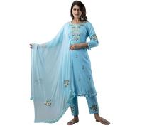 JG Women's Ethnic Wear Collection Rayon Straight Embridered Kurti & Pant Set With Dupatta Readymade Salwar Suit For Women Casual Wear(Blue-Medium Size)