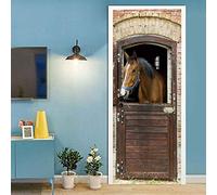 JGCAI Stickers De Porte Trompe L'Oeil 3D Cheval Animal Auto Adhésif Amovible Imperméable Pvc Autocollants De Porte Art Decor Affiche Pour Salon Chambre Porte Papier Peint 88x200cm