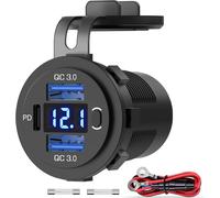 JGD-12 V /24 V Prise USB de Chargeur de Voiture, Double QC3.0 18 W et 30 W PD Adaptateur Prise avec Interrupteur et Voltmètre Chargement Rapide pour iPhone,Android,iPad, Adapté Camper, Moto