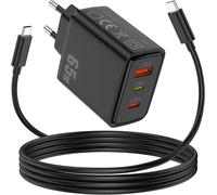 JGD-65W Chargeur USB C Rapide pour iPhone 16e 16 15 Pro Max,3 Ports PD QC Chargeur Laptop GaN avec 1,8M 65W Câble USB C pour MacBook Pro/Air Pad Air ThinkPad Dell XPS 13 HP Galaxy A16 A06 A56 A36 A55