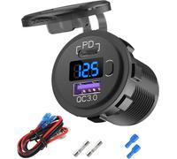 JGD-Chargeur de Voiture 12V USB C, 38W 12V USB Allume-Cigarette de Remplacement avec PD 3.0 et QC 3.0 Port U-S-B Voiture, Prise USB 12 Volt étanche avec Interrupteur et voltmètre pour Voiture Marine
