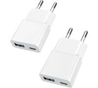 JGD-Chargeur USB Double Port Ultra Plat 5W ¿ Ports USB-C et USB-A (5V 1A), Compatible avec appareils tels qu'iPhone, Samsung, AirPods, caméras, Power Banks, etc. ¿ Lot de 2 ¿ Blanc