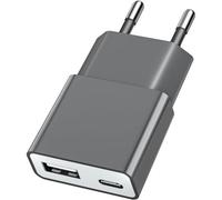 JGD-Chargeur USB Double Port Ultra Plat 5W ¿ Ports USB-C et USB-A (5V 1A), Compatible avec appareils tels qu'iPhone, Samsung, AirPods, caméras, Power Banks, etc. ¿ Gris