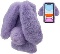 JGD-Coque Lapin pour iPhone 12 / iPhone 12 Pro 6,1 Pouces, Mignon Peluche Faux Fourrure Oreille Souple Poilu Doux Silicone TPU Pare-Chocs Anti-Choc Housse Étui de Protection - Violet