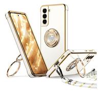 JGD-Coque pour Samsung Galaxy S22, avec Double Anneau de Support C?ur, avec Lanière pour Filles et Femmes, Coque de Protection Luxe Mignonne et Scintillante pour Samsung S22, Blanc
