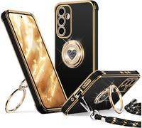 JGD-Coque pour Samsung Galaxy S25, avec Double Anneau de Support C?ur, avec Lanière pour Filles etmmes, Coque de Protection Luxe Mignonne et Scintillante pour Samsung S25, Noir