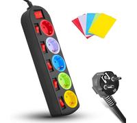 JGD-FISHTEC - Multiprise Schuko 5 Prises Colorées - Câble 1,5 m - Interrupteur Principal - Protection Enfants - Design Pratique et Original - Idéale Bureau, Salon ou Atelier