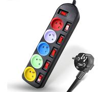 JGD-FISHTEC - Multiprises Electriques 5 Prises Couleurs - Câble 1,5m - Bloc Multiprise Interrupteur Général + pour Chaque Sortie - Stickers Inclus - Noir Multicouleur