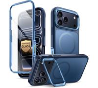 JGD-i-BLASON Ares Coque pour iPhone 17 Pro 6,3"" 2025 avec Support [MagSafe Compatible] [Protection d'Ecran Verre Trempé] [Bouton Caméra Compatible] Protection Intégrale Robuste Magnétique (Bleu)