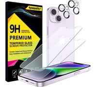 JGD-[LifetimeSupport] Lot de 2 films protecteurs d'écran 4 en 1 pour iPhone 14 avec protection d'objectif d'appareil photo, film en verre trempé, résistant aux chocs, anti-rayures, ultra