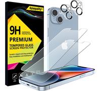 JGD-[LifetimeSupport] Lot de 2 films protecteurs d'écran 4 en 1 pour iPhone 14 Plus avec protection d'objectif d'appareil photo, film en verre trempé, résistant aux chocs, anti-rayures, ultra