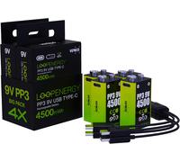 JGD-LoopEnergy Lot de 4 blocs PP3 9 V 4500 mWh Batterie USB-C rechargeable, batterie Li-ion, 2 câbles de charge USB type A vers 2 x type C