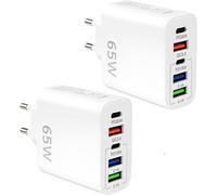 JGD-Lot de 2 Chargeur USB C Rapide 65W à 5 Ports, Prise USB Multiple avec 2 USB C PD & 3 USB A QC3.0, Adaptateur Secteur pour iPhone 17 16 15 14 13 12 11 Pro Max,Galaxy, Android and Smartphones