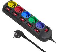 JGD-MCE204M Bloc multiprise Cordon rallonge électrique 5 Prises avec interrupteurs 250VAC/10A 1,5m Multicolore