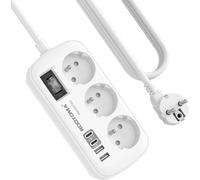 JGD-Multiprise 3 Prises avec 4 USB(2 USB-C), Multiprise Parafoudre et Surtension avec Interrupteur et Câble de 1,5 m, Fixation Murale pour Maison Bureau, Blanc 16A/4000W