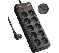 JGD-Multiprise avec Interrupteur, 10 Prises Françaises avec Terre 16A 2P+T,Bloc Prise Multiple Charge Rapide PD20W, 2100J Parafoudre et Surtension,Cuisine et Bureau Rallonge Electrique 2 M Câble, Noi