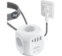JGD-Multiprise avec Interrupteur Cube Secteur Fiche Plate 4 Prises, 3 USB et 1 Type C, Multiprise USB Parafoudre et 4 Interrupteurs Rallonge Electrique 3M Câble la Maison et Bureau Tressé Câble