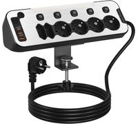 JGD-Multiprise de Bureau 6 Prises,Bloc Prise de Table avec USB C,Multiprise Parafoudre et Surtension avec Support de Bureau Fixable en Aluminium,Charge Rapide PD 20W Prise Multiple d¿Angle,2M Câble,N