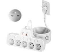 JGD-Multiprise Extra-Plate 5 Prises Française,Prise Fiche Plate Derriere Meuble avec Terre 16A 2P+T,Multiprise Electrique avec Interrupteur Individuel,PD20W Bloc Multiple Murale,Rallonge Câble 2 m,Bl