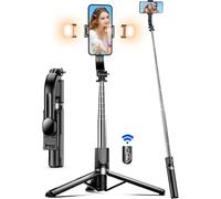 JGD-Perche à Selfie 115 CM avec Trépied Amélioré - 2 Lumière d¿Appoint - Trépied pour Téléphone avec Télécommande Détachable, 360° Rotation pour iPhone 14 13 12 11 Pro XS Max XR, Samsung, Huawei, GoP