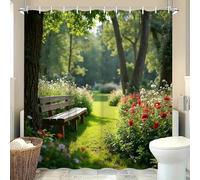 JGGXHM 1 Rideau de Douche - Chemin de Jardin Serein avec Un Banc en Bois au Milieu d'une végétation luxuriante et de Fleurs éclatantes, idéal pour la Salle de Bain (92 x 214 cm/L x H)