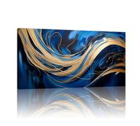 JGGXHM Art abstrait en feuille d'or bleu Un grand art mural moderne, dessin au trait, décoration d'intérieur, dessin, peinture bleue dorée minimaliste - (72x142 cm) cadre interne 28x56 pouces