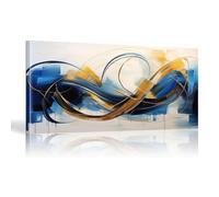 JGGXHM Ligne d'or et texture bleue œuvre d'art abstraite peinture sur toile peintures d'art mural feuille d'or moderne décor à la maison décoration murale - (35x70 cm) cadre interne de 14x28 pouces