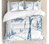 JGGXHM Parure de lit 3 pièces, Motif téléphérique, Ski, Montagne, Dessin animé, Housse de Couette, taie d'oreiller, pour garçon, Enfant, Adolescente (90 x 190 cm)
