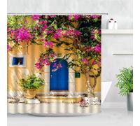 JGGXHM Rideau de Douche de Paysage de Rue Porte rétro Ville Fleurs Plante Jardin arrière-Plan décoration Murale Tissu Salle de Bain Rideaux de Bain Crochets 70x175cm/WxH
