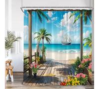 JGGXHM Rideau de Douche de Plage Paysage de Bord de mer Cocotier Mer Vacances d'été Décoration de Salle de Bain Vacances Rideau de Bain en Polyester Crochet 178x183cm/WxH Rideau Douche Tissu