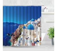 JGGXHM Rideau de Douche en Tissu à Suspendre pour Salle de Bain, décor Mural Nordique de la Grèce, Rideau de séparation à Motif de bâtiment Bleu océan et Blanc 150x175cm/WxH