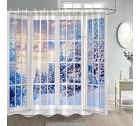 JGGXHM Rideau de Douche Paysage de forêt d'hiver fenêtre Blanche Arbres de cèdre Nature Paysage enneigé Rideaux de Salle de Bain Tissu décor Crochets 75x200cm/WxH
