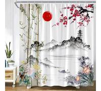 JGGXHM Rideau de Douche Paysage d'encre Soleil Vert Bambou Fleur Abstrait Montagne Carpe Style Japonais Paysage Art Salle de Bain décor Ensemble 90x195cm/WxH