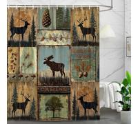 JGGXHM Rideau de Douche Rustique Style cabane, Rideau de Bain Vintage Style Campagne Antique avec Motif Ours, Orignal et Bois, avec Crochets, 100x210cm(LxH)