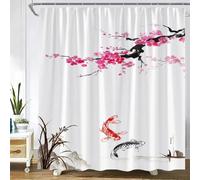 JGGXHM Rideaux de Douche à Fleurs d'encre Lotus Prune Carpe Koi Montagne Oiseau Plante Rideau de Bain Paysage Tissu Maison Salle de Bain Décor Ensemble 73x162cm/WxH