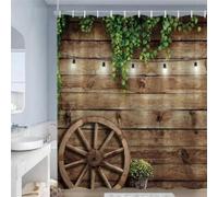 JGGXHM Rideaux de Douche de Porte en Bois de Ferme Rustique Roue de Grange Plante Verte Panneau Gris Rideau de Bain Tissu Polyester Décoration de Salle de Bain Crochets 70x160cm/WxH Anti moisissure