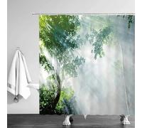 JGGXHM Rideaux de Douche en forêt d'arbres Lumière du Soleil Arbres mystérieux au Petit Matin Paysage Naturel Tissu Vert Blanc Décoration de Salle de Bain 100x180cm/WxH