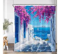 JGGXHM Rideaux de Douche Paysage Floral Bleu Blanc Architecture Paysage Océan Peinture Art Salle de Bain Rideau Décor Rideaux Ensemble 182x200cm/WxH