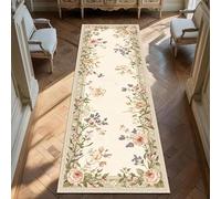 JGGXHM Tapis de Couloir Romantique Style Campagne française, Aspect brodé Vintage cottagecore, Rose et Vert, Motif Floral Shabby Chic (70 x 180 cm)