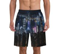 JGHHOUN Aerial Night of View Hong Kong Short de bain d'été léger et respirant pour homme Séchage rapide, Noir , M